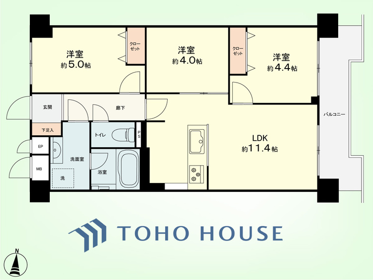 間取り 3LDK　専有面積54.88平米、バルコニー面積6.77平米
