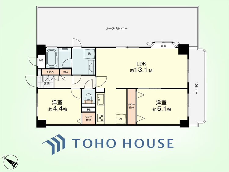 間取り 2LDK　専有面積54.59平米、バルコニー面積6.76平米、ルーフバルコニー面積12.32平米