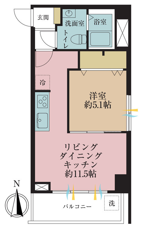 間取り 1LDK、専有面積38.25m2、バルコニー面積4.1m2