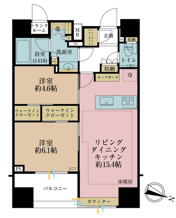 間取り 2LDK、専有面積61m2、バルコニー面積7.2m2