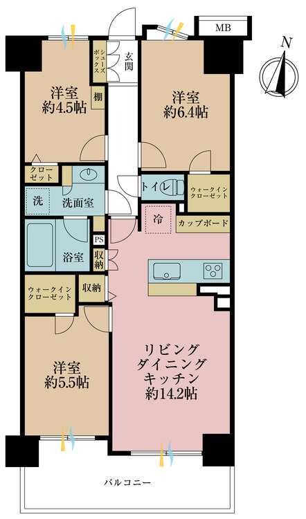 間取り 3LDK、専有面積70.04m2、バルコニー面積10.68m2