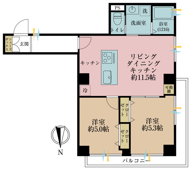 間取り 2LDK、専有面積53.83m2、バルコニー面積9.07m2