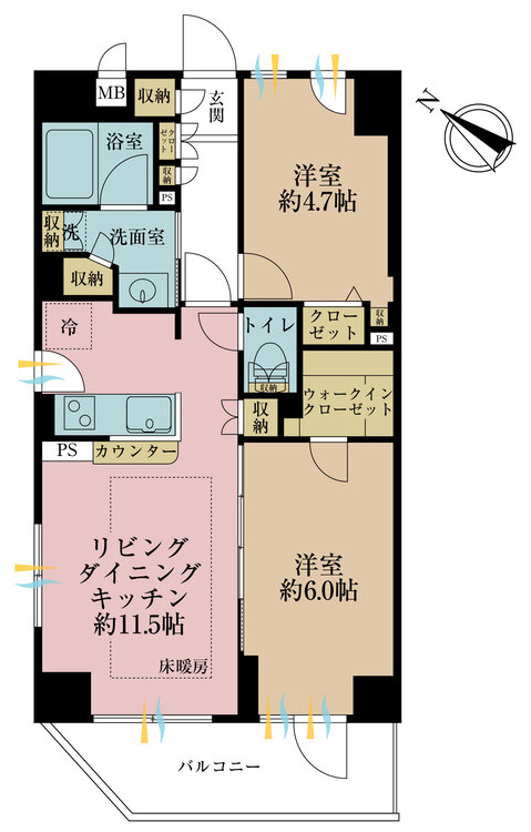 間取り 2LDK、専有面積53.01m2、バルコニー面積7.03m2
