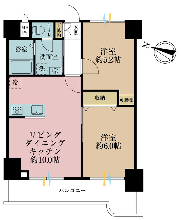 間取り 2LDK、専有面積49.28m2、バルコニー面積7.56m2