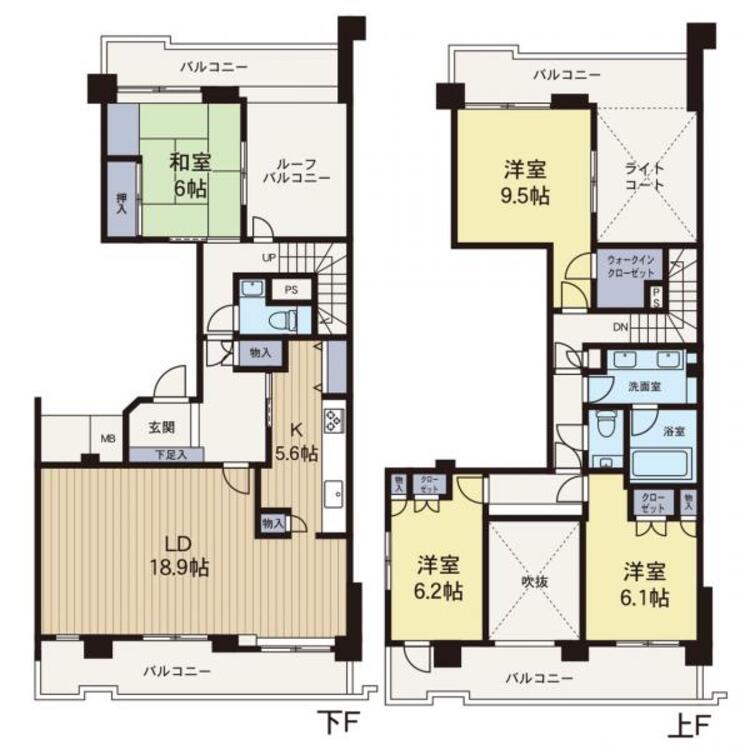 間取り 【間取り図】メゾネットタイプで、広々とした4LDKの間取りとなっております。