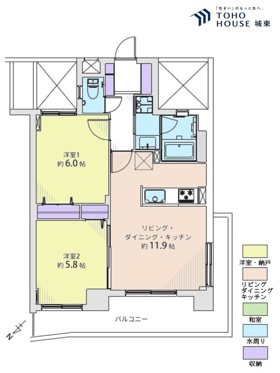 間取り ２ＬＤＫ、専有面積５３．４１平米、バルコニー面積１２．２８平米