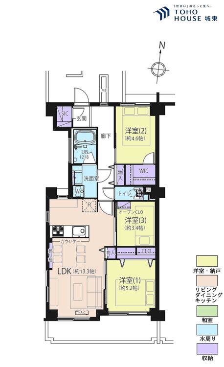 間取り ３ＬＤＫ、専有面積６４．２９平米、バルコニー面積８．０３平米、ルーフバルコニー面積４．４５平米