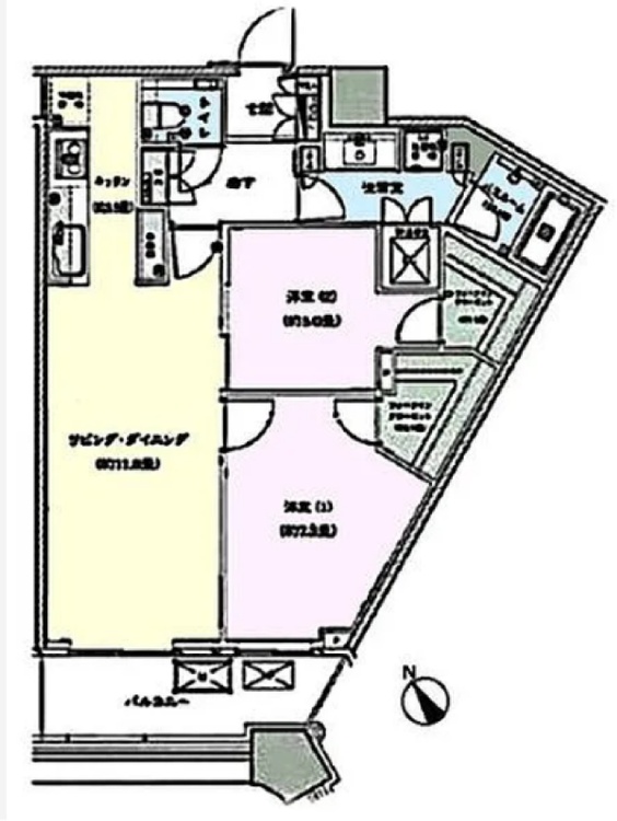 間取り 2LDK、専有面積67.86m2、バルコニー面積7.4m2