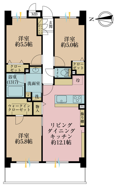 間取り 3LDK、専有面積64.2m2、バルコニー面積9m2