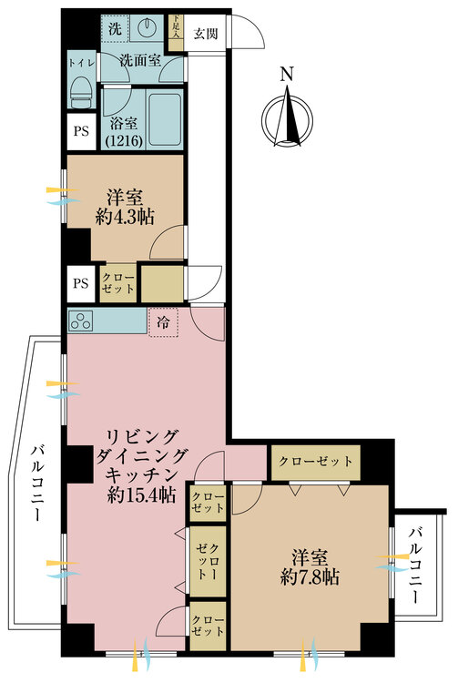 間取り 2LDK、専有面積70.66m2、バルコニー面積10.17m2