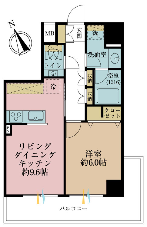 間取り 1LDK、専有面積40.97m2、バルコニー面積9.22m2
