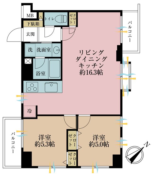 間取り 2LDK、専有面積55.7m2、バルコニー面積5.71m2