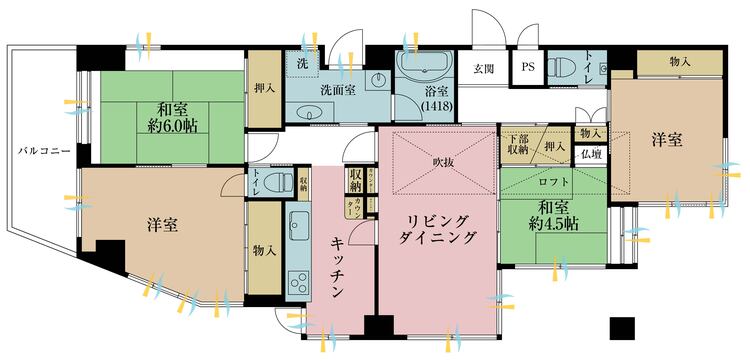 間取り 4LDK、専有面積95.64m2、バルコニー面積6.4m2