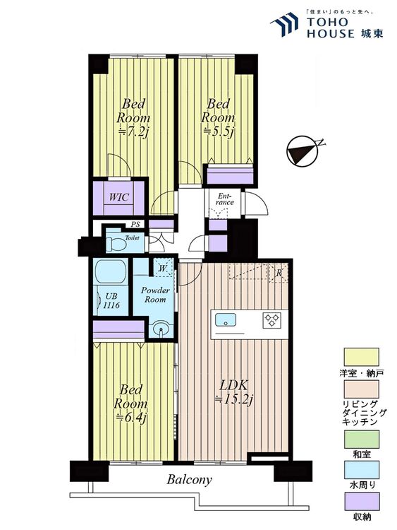 間取り ３ＬＤＫ、専有面積７６．１８平米、バルコニー面積９．０７平米
