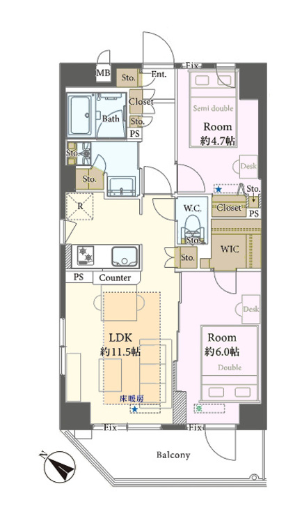 その他 2LDK、専有面積53.01m2、バルコニー面積7.03m2