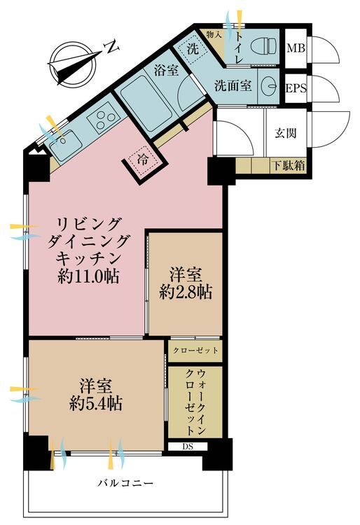 間取り 2LDK、専有面積46.49m2、バルコニー面積5.85m2