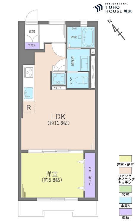 間取り １ＬＤＫ、専有面積４５平米、バルコニー面積６．２５平米