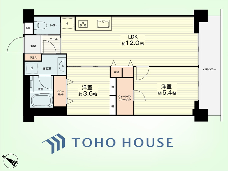 間取り 2LDK　専有面積49.82平米、バルコニー面積5.30平米