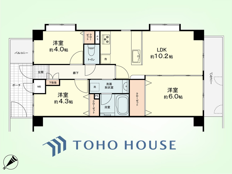 間取り 3LDK　専有面積56.7平米、バルコニー面積8.17平米