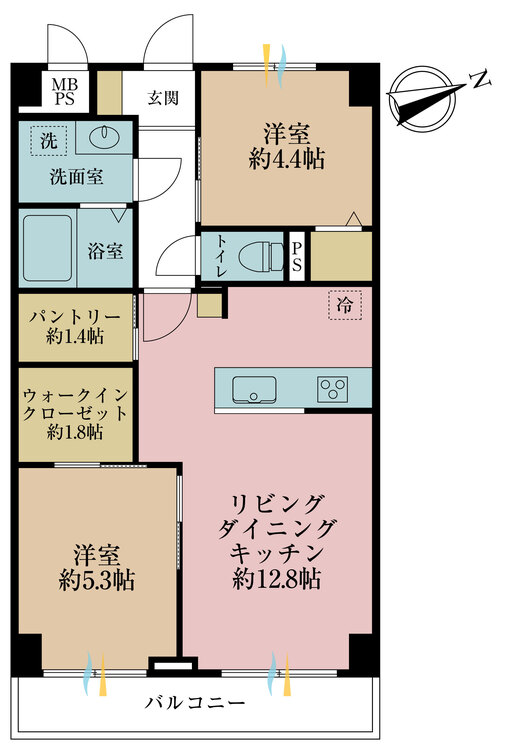 間取り 2LDK、専有面積54.54m2、バルコニー面積5.24m2