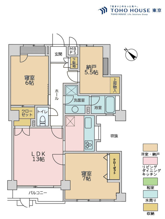 間取り 2LDK+S（納戸）、専有面積76.45m2、バルコニー面積4.1m2
