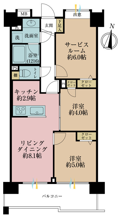 間取り 2LDK+S（納戸）、専有面積58.38m2、バルコニー面積9.72m2