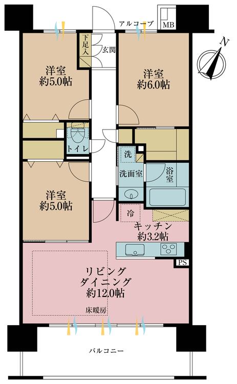 間取り 3LDK、専有面積70.28m2、バルコニー面積12m2