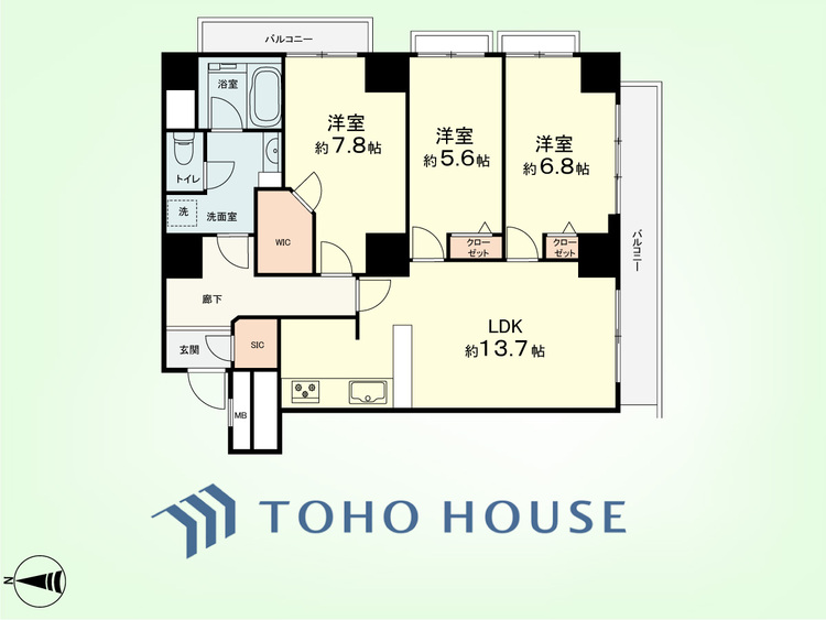 間取り 3LDK　専有面積80.70平米、バルコニー面積10.26平米