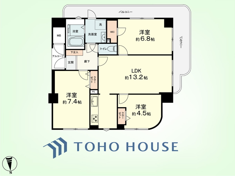 間取り 3LDK　専有面積69.32平米、バルコニー面積15.38平米