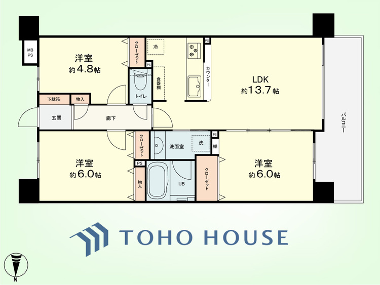 間取り 3LDK　専有面積64.58平米、バルコニー面積9.83平米