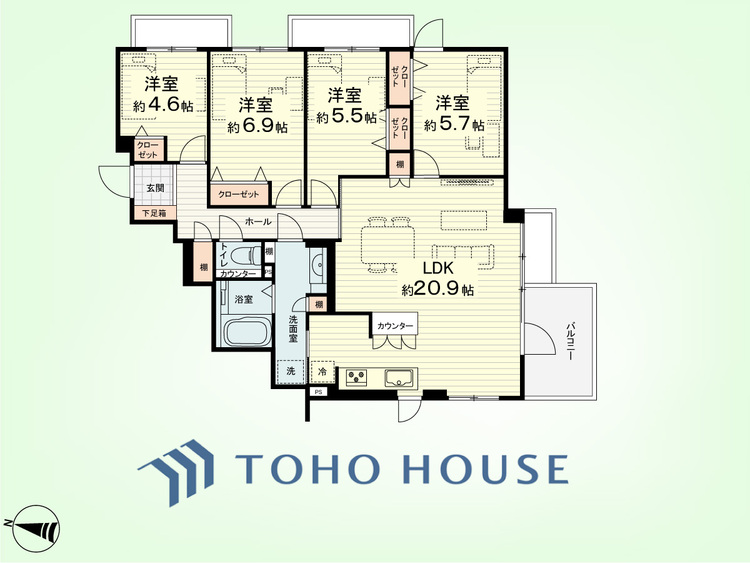 間取り 4LDK　専有面積95.79平米、バルコニー面積6.80平米