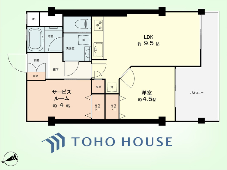 間取り 1SLDK　専有面積45.36平米、バルコニー面積4.86平米