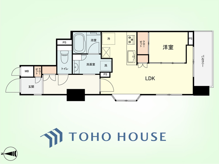 間取り 1LDK　専有面積34.56平米、バルコニー面積3.96平米