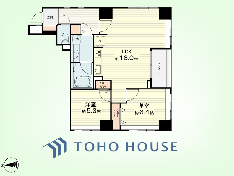 間取り 2LDK　専有面積61.90平米、バルコニー面積3.78平米