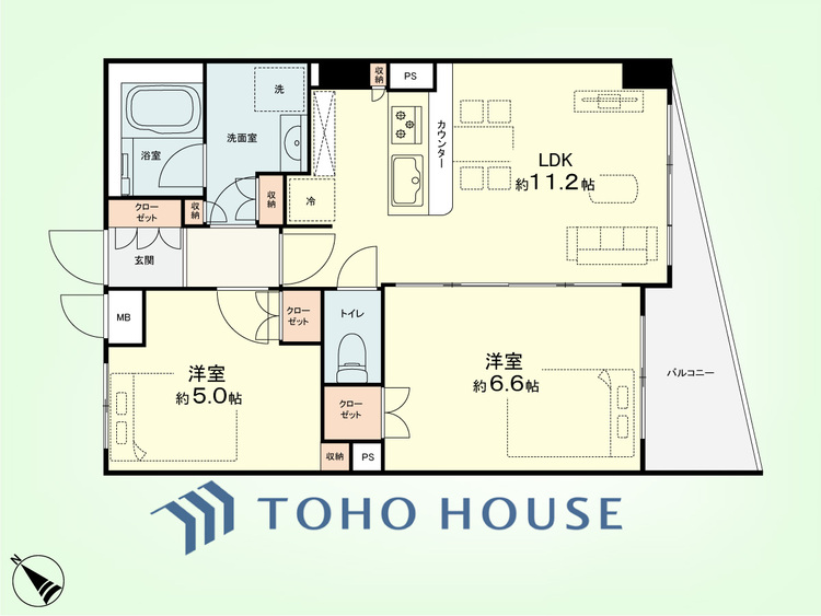 間取り 2LDK　専有面積50.66平米、バルコニー面積3.78平米