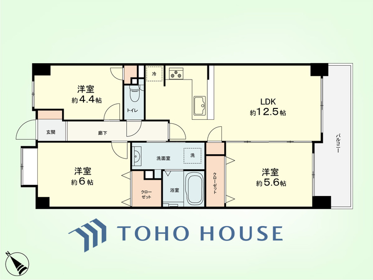 間取り 3LDK　専有面積63.25平米、バルコニー面積7.59平米