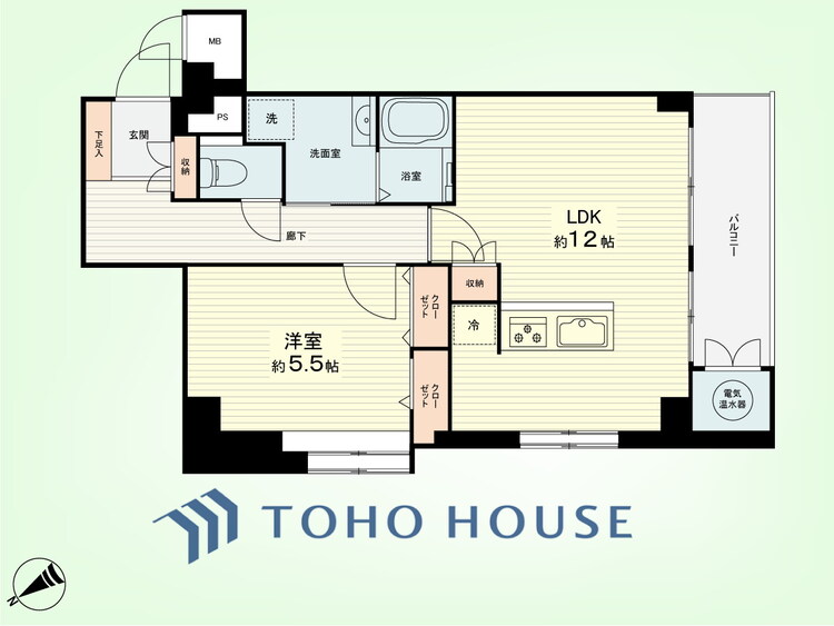 間取り 1LDK　専有面積50.68平米、バルコニー面積5.34平米