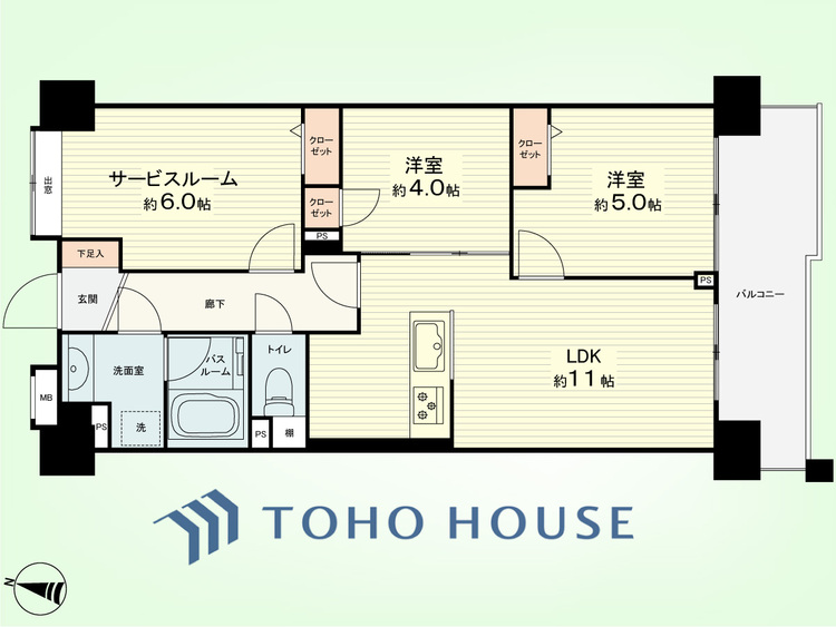 間取り 2SLDK　専有面積58.38平米、バルコニー面積9.72平米