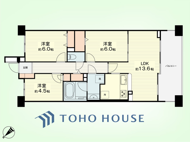間取り 3LDK　専有面積68.83平米、バルコニー面積10.07平米