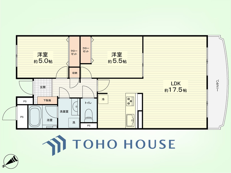 間取り 2LDK　専有面積62.70平米、バルコニー面積6.10平米