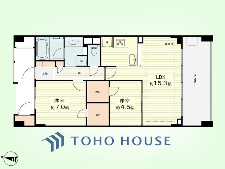 間取り 2LDK+TR　専有面積64.01平米、バルコニー面積12.4平米