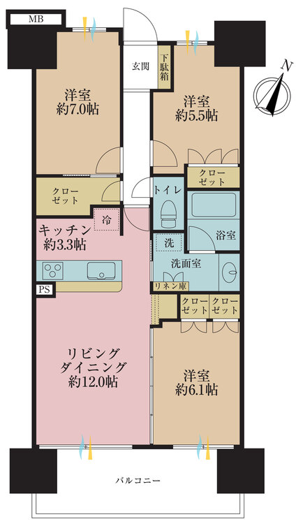 間取り ３ＬＤＫ、専有面積７５．４４平米、バルコニー面積１２．４平米