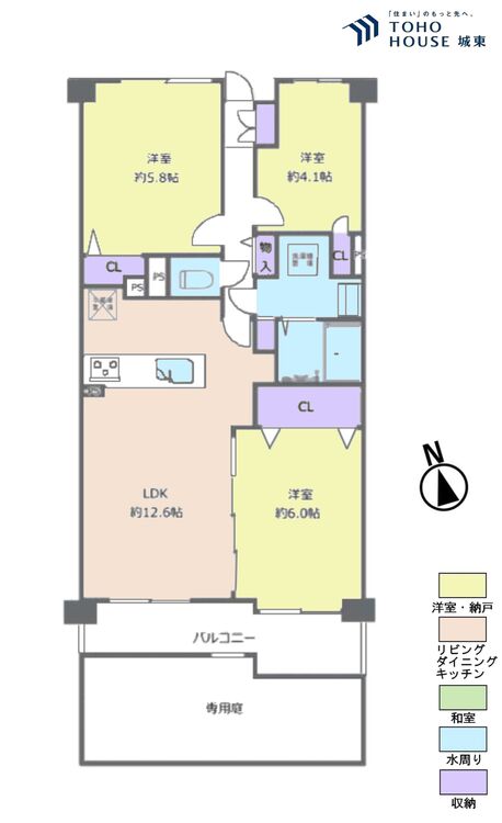間取り ３ＬＤＫ、専有面積６４．２８平米、バルコニー面積８．９平米、専用庭面積２０平米