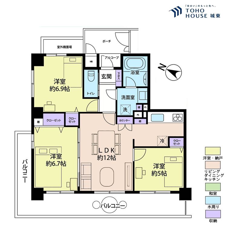 間取り ３ＬＤＫ、専有面積６４．４８平米、バルコニー面積１６．８６平米