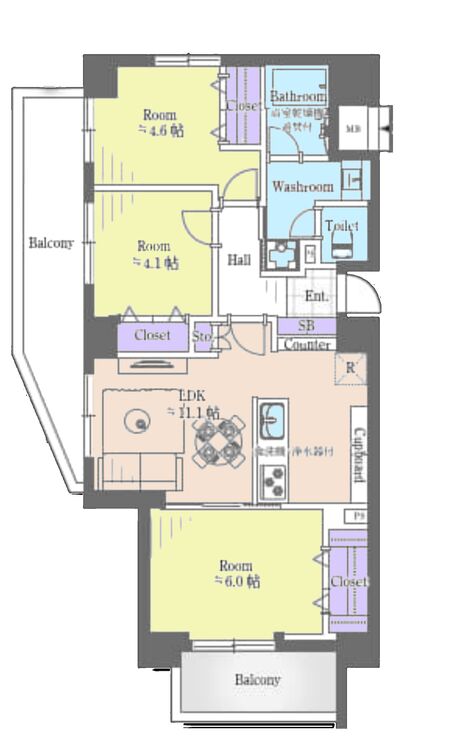 間取り ３ＬＤＫ、専有面積６３．３平米、バルコニー面積１４．５９平米