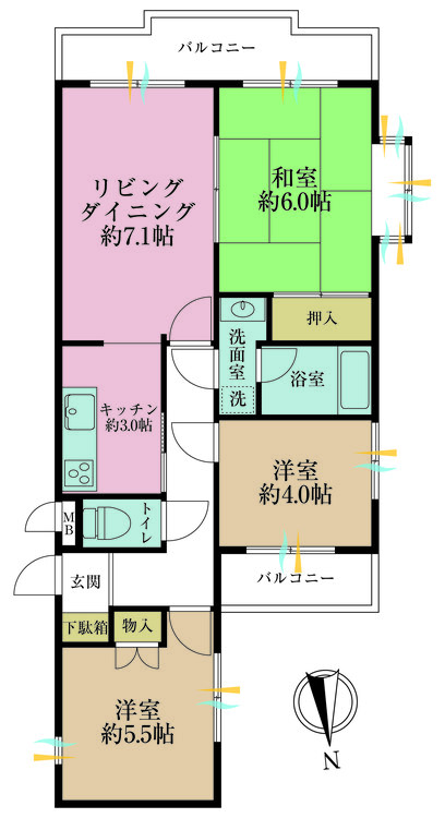 その他 3LDK、専有面積57.1m2、バルコニー面積5.7m2