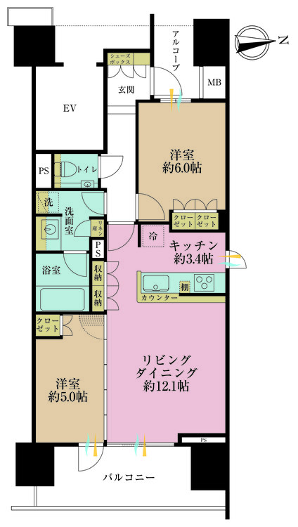 その他 2LDK、専有面積62.33m2、バルコニー面積11.8m2