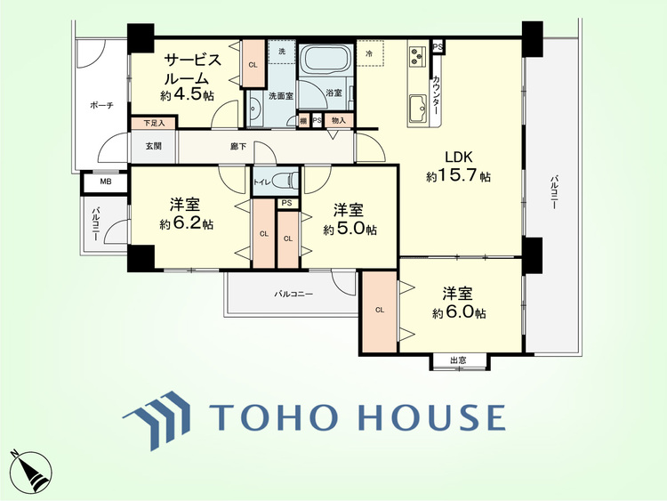 間取り 3SLDK　専有面積82.73平米、バルコニー面積20.62平米