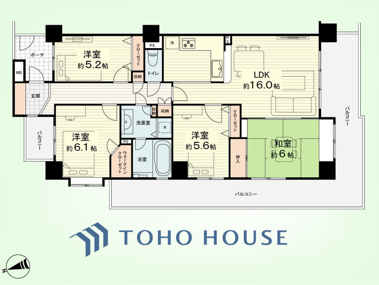 間取り 4LDK　専有面積88.31平米、バルコニー面積30.96平米