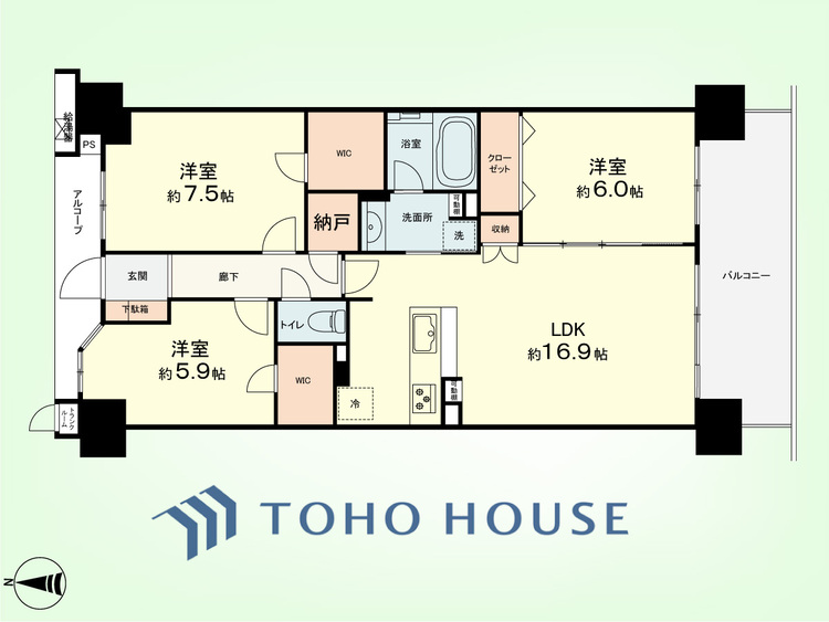 間取り 3LDK　専有面積80.21平米、バルコニー面積13.00平米